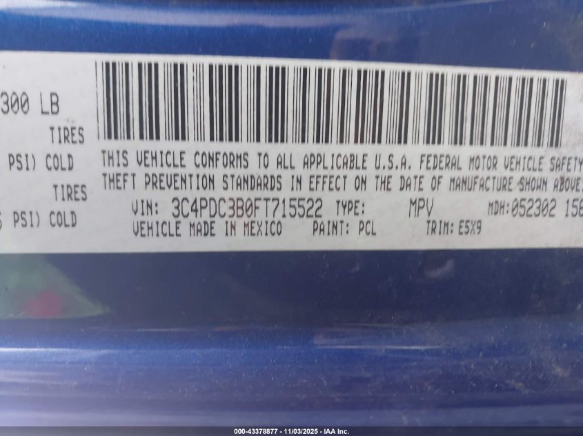 2015 Dodge Journey Sxt VIN: 3C4PDCBB0FT715522 Lot: 43378877