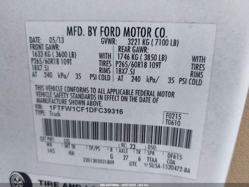 2013 Ford F-150 Lariat VIN: 1FTFW1CF1DFC39316 Lot: 43378894