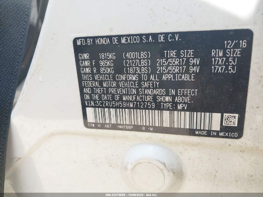 2017 Honda Hr-V Ex VIN: 3CZRU5H59HM712759 Lot: 43378899