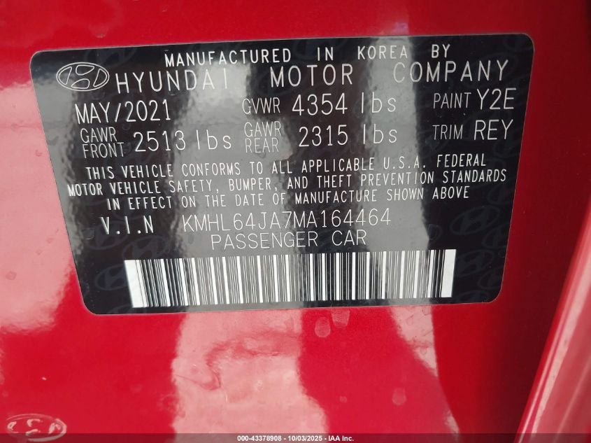 2021 Hyundai Sonata Sel VIN: KMHL64JA7MA164464 Lot: 43378908