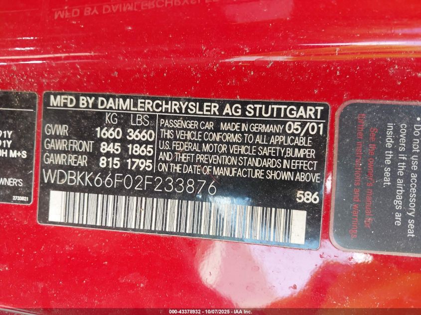 2002 Mercedes-Benz Slk 32 Amg VIN: WDBKK66F02F233876 Lot: 43378932