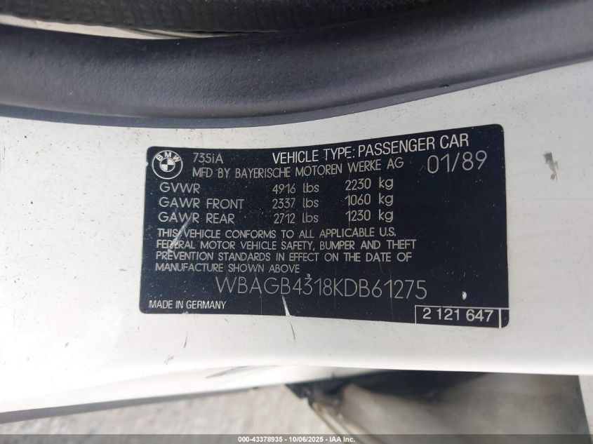 1989 BMW 735 I Automatic VIN: WBAGB4318KDB61275 Lot: 43378935