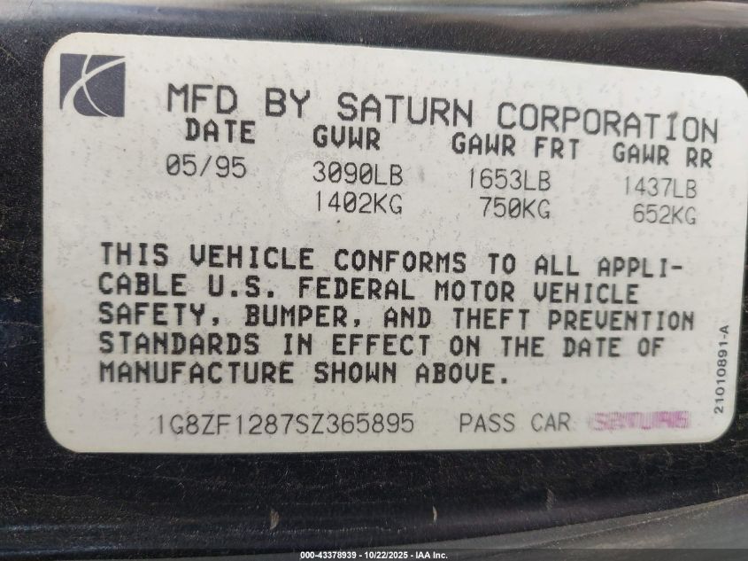 1995 Saturn Sc1 VIN: 1G8ZF1287SZ365895 Lot: 43378939