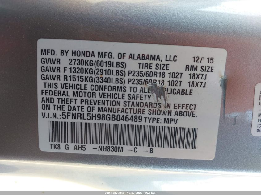 2016 Honda Odyssey Touring/Touring Elite VIN: 5FNRL5H98GB046489 Lot: 43378945