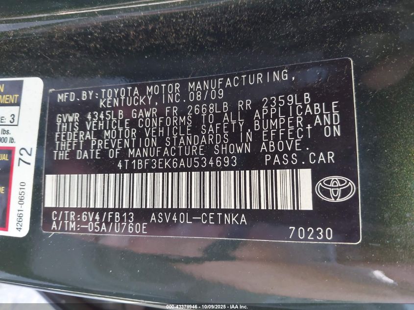 2010 Toyota Camry Le VIN: 4T1BF3EK6AU534693 Lot: 43378946