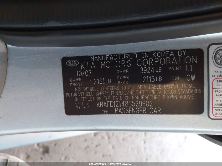 2008 Kia Spectra Ex VIN: KNAFE121485529602 Lot: 43378949