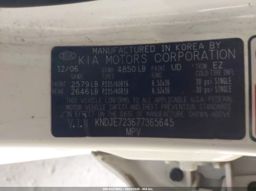 2007 Kia Sportage Lx V6 VIN: KNDJE723677365645 Lot: 43378952