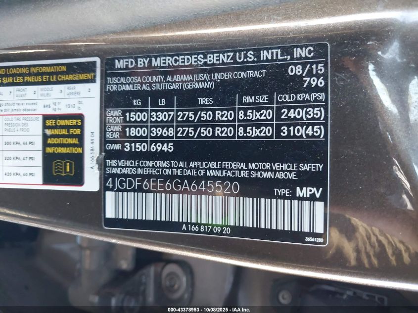 2016 Mercedes-Benz Gl 450 4Matic VIN: 4JGDF6EE6GA645520 Lot: 43378953