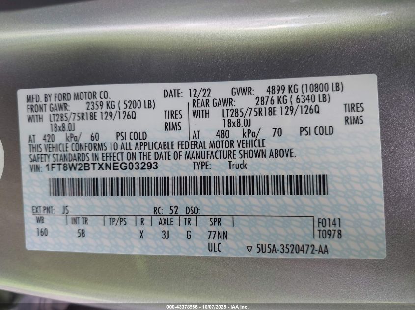2022 Ford F-250 Lariat VIN: 1FT8W2BTXNEG03293 Lot: 43378956