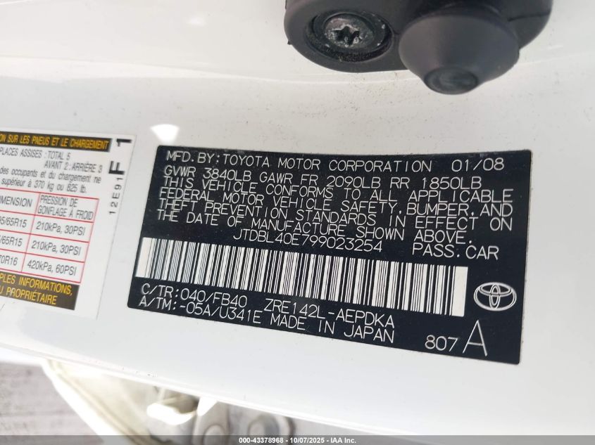 2009 Toyota Corolla VIN: JTDBL40E799023254 Lot: 43378968