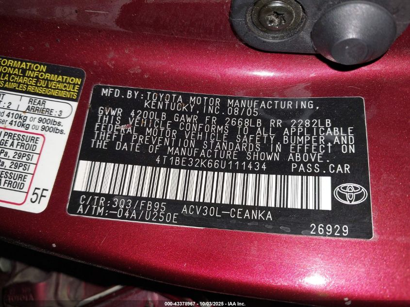 2006 Toyota Camry Le VIN: 4T1BE32K66U111434 Lot: 43378967