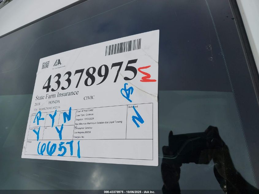 2018 Honda Civic Ex VIN: SHHFK7H59JU432116 Lot: 43378975