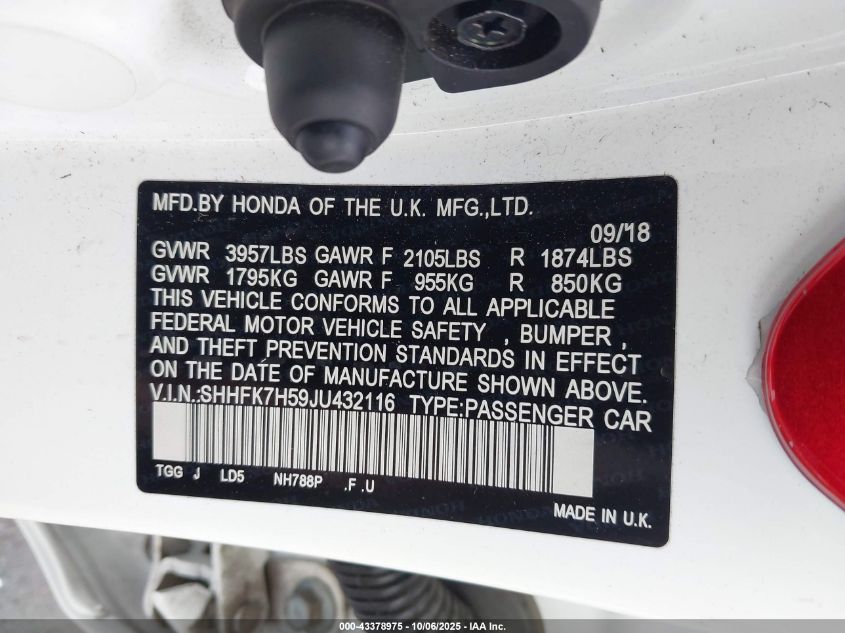 2018 Honda Civic Ex VIN: SHHFK7H59JU432116 Lot: 43378975