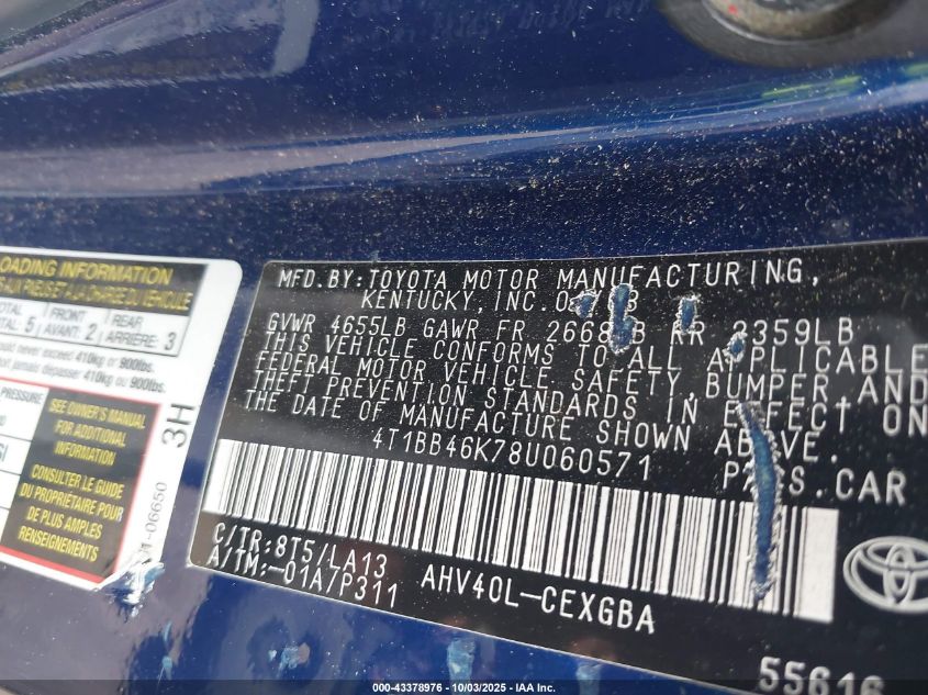 2008 Toyota Camry Hybrid VIN: 4T1BB46K78U060571 Lot: 43378976