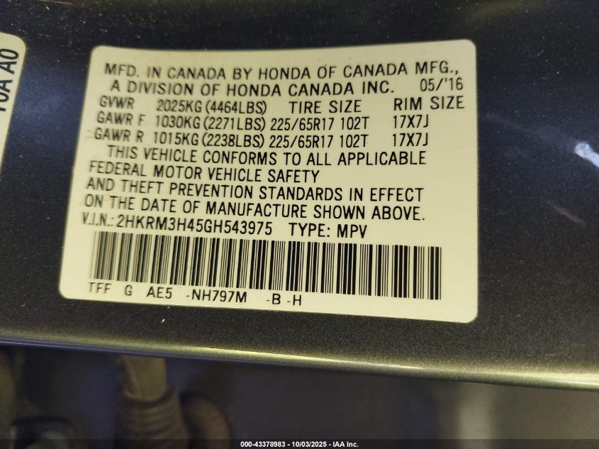 2016 Honda Cr-V Se VIN: 2HKRM3H45GH543975 Lot: 43378983