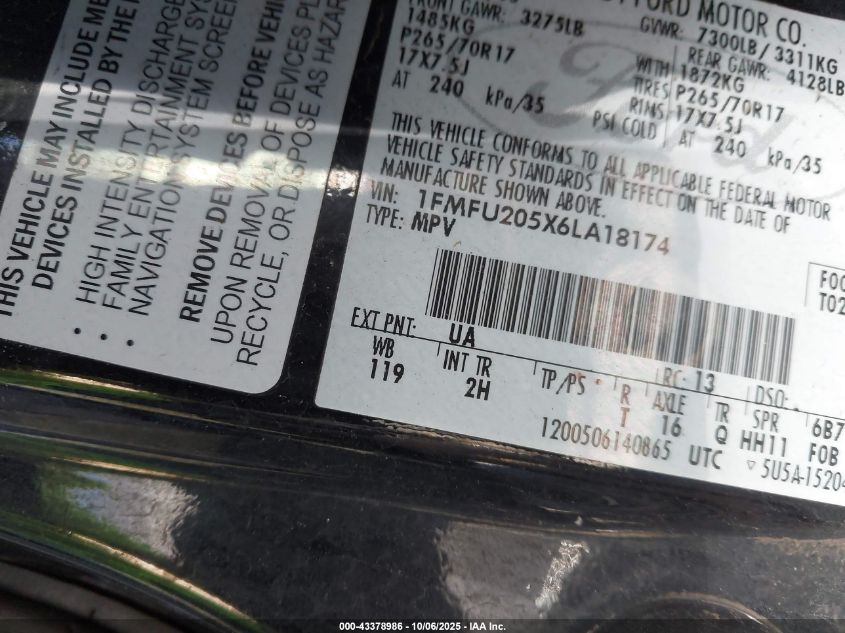 2006 Ford Expedition Limited VIN: 1FMFU205X6LA18174 Lot: 43378986