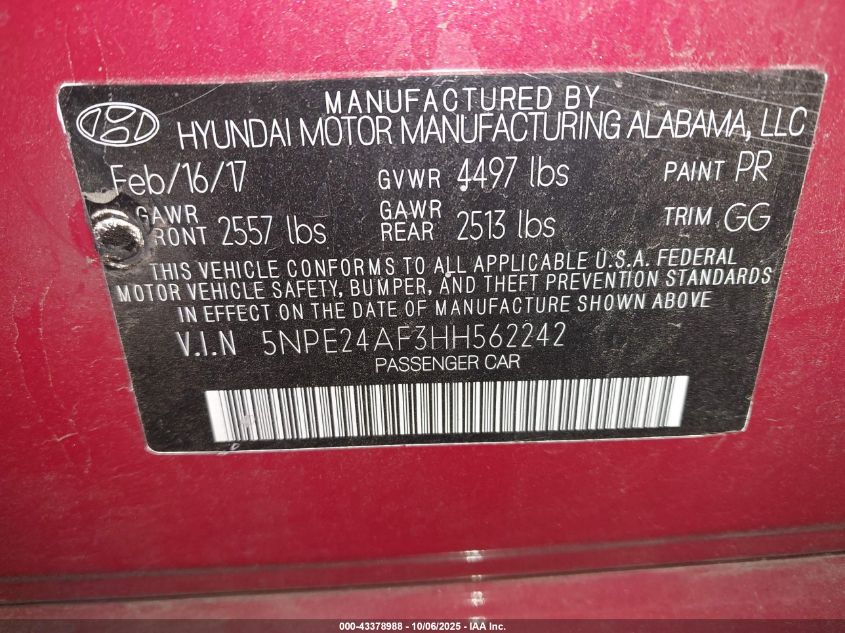 2017 Hyundai Sonata VIN: 5NPE24AF3HH562242 Lot: 43378988