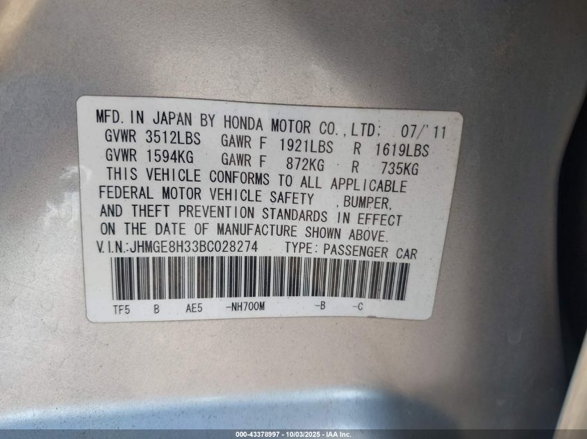 2011 Honda Fit VIN: JHMGE8H33BC028274 Lot: 43378997