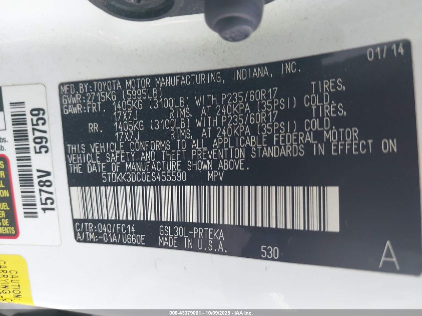 2014 Toyota Sienna Le V6 8 Passenger VIN: 5TDKK3DC0ES455590 Lot: 43379001