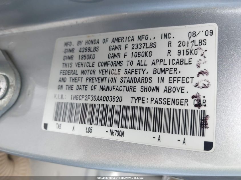 2010 Honda Accord 2.4 Lx VIN: 1HGCP2F36AA003620 Lot: 43379004