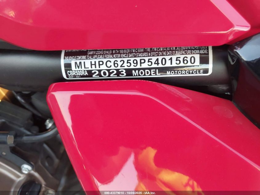 2023 Honda Cbr500 Ra VIN: MLHPC6259P5401560 Lot: 43379010