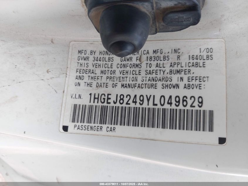 2000 Honda Civic Ex VIN: 1HGEJ8249YL049629 Lot: 43379011