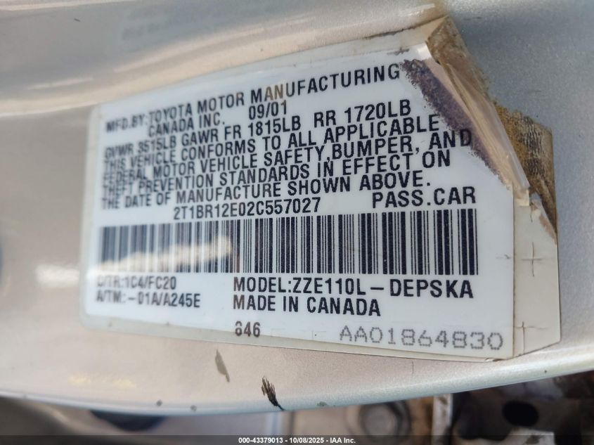 2002 Toyota Corolla S VIN: 2T1BR12E02C557027 Lot: 43379013