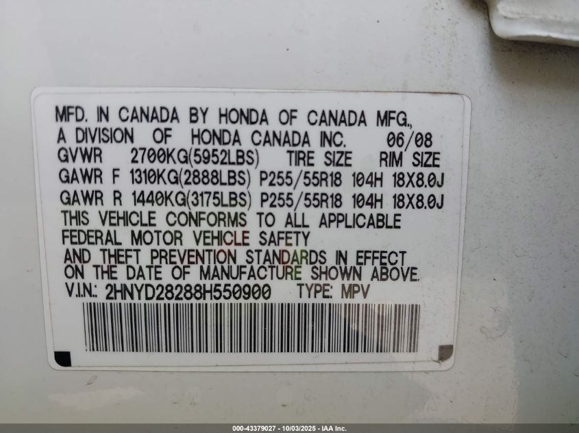 2008 Acura Mdx VIN: 2HNYD28288H550900 Lot: 43379027