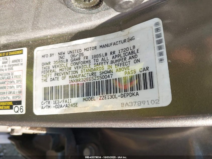 2005 Toyota Corolla Ce VIN: 1NXBR32E65Z550047 Lot: 43379034