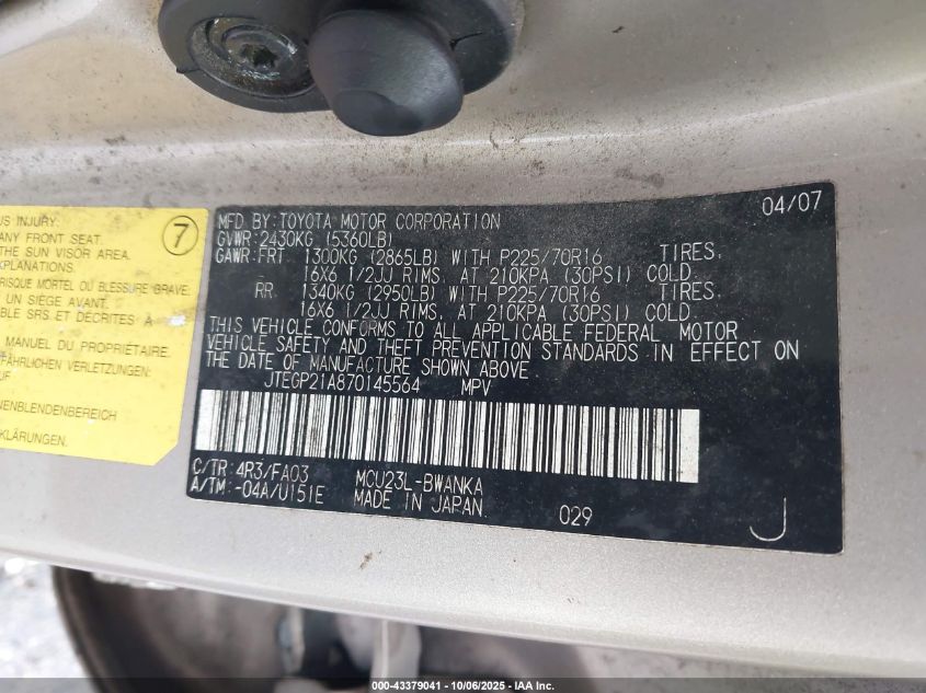 2007 Toyota Highlander V6 VIN: JTEGP21A870145564 Lot: 43379041