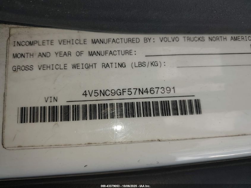 2007 Volvo Vn Vnl VIN: 4V5NC9GF57N467391 Lot: 43379053