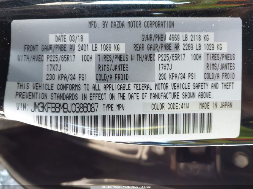 2018 Mazda Cx-5 Sport VIN: JM3KFBBM9J0386087 Lot: 43379054