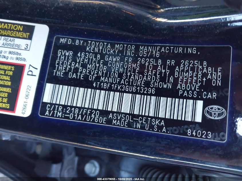 2016 Toyota Camry Se VIN: 4T1BF1FK3GU613296 Lot: 43379055