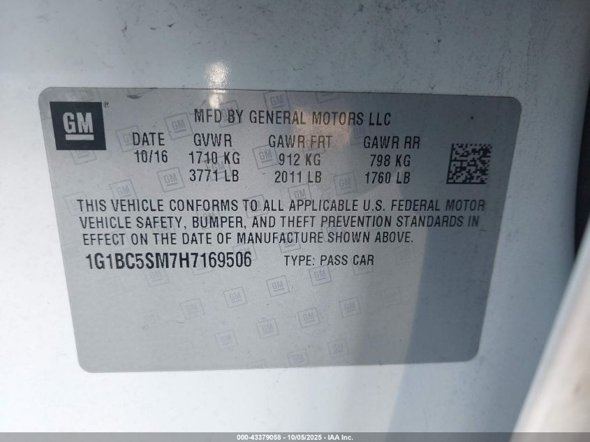 2017 Chevrolet Cruze Ls Auto VIN: 1G1BC5SM7H7169506 Lot: 43379058