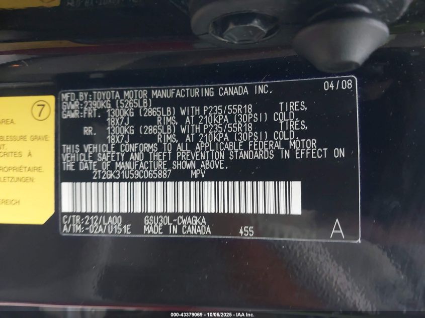 2009 Lexus Rx 350 VIN: 2T2GK31U59C065887 Lot: 43379069