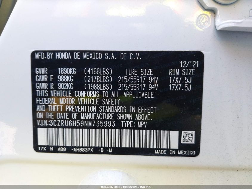 2022 Honda Hr-V Awd Ex VIN: 3CZRU6H59NM735993 Lot: 43379082