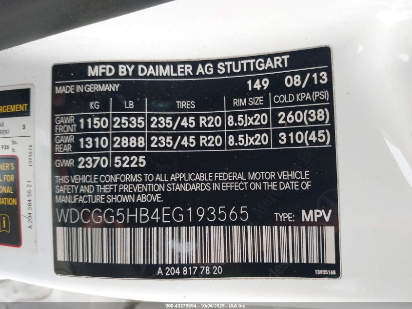 2014 Mercedes-Benz Glk 350 VIN: WDCGG5HB4EG193565 Lot: 43379094