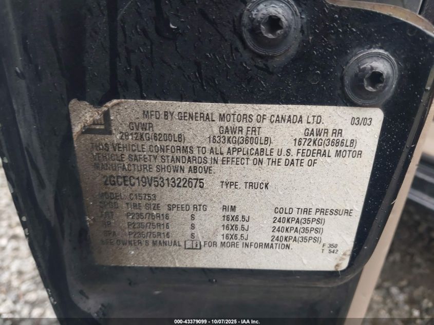 2003 Chevrolet Silverado 1500 Ls VIN: 2GCEC19V531322675 Lot: 43379099