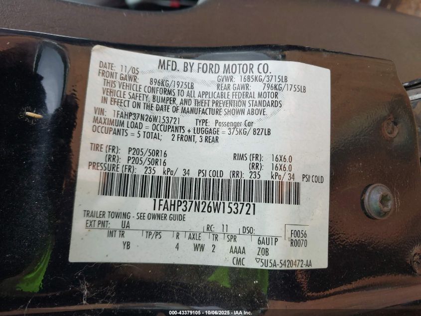 2006 Ford Focus Zx5 VIN: 1FAHP37N26W153721 Lot: 43379105