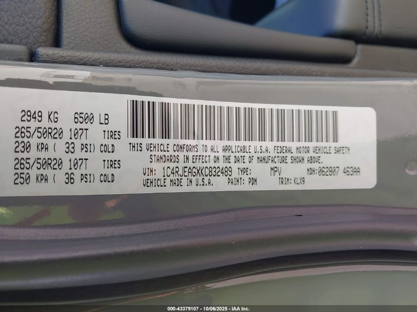 2019 Jeep Grand Cherokee Altitude 4X2 VIN: 1C4RJEAGXKC832489 Lot: 43379107