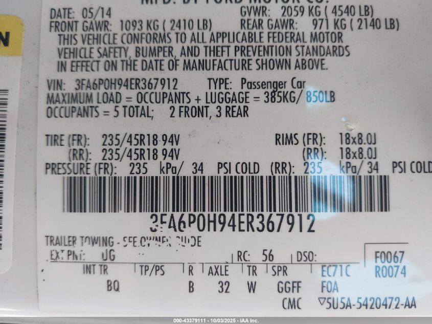 2014 Ford Fusion Se VIN: 3FA6P0H94ER367912 Lot: 43379111