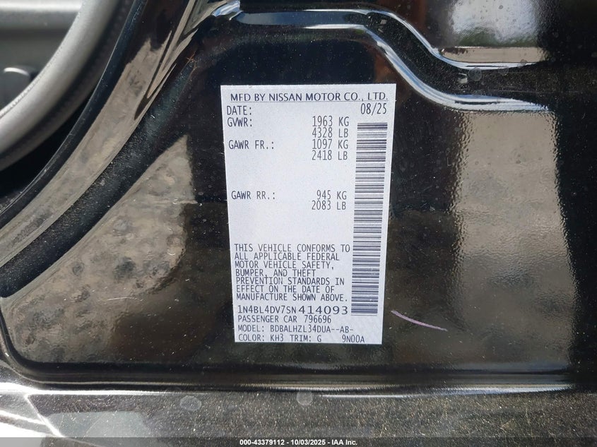 VIN 1N4BL4DV7SN414093 2025 NISSAN ALTIMA SV FWD