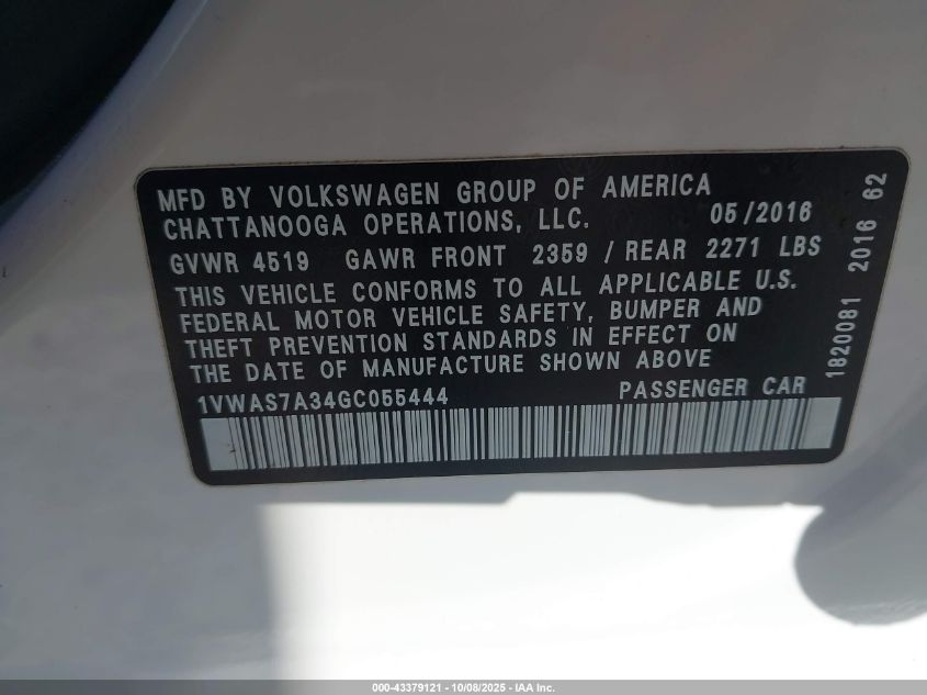 2016 Volkswagen Passat 1.8T S VIN: 1VWAS7A34GC055444 Lot: 43379121