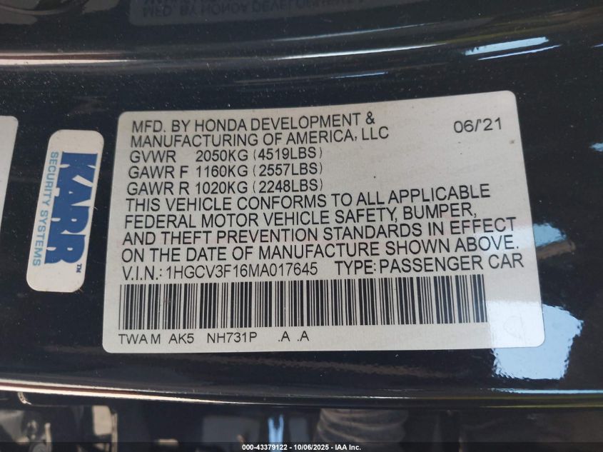 2021 Honda Accord Hybrid VIN: 1HGCV3F16MA017645 Lot: 43379122