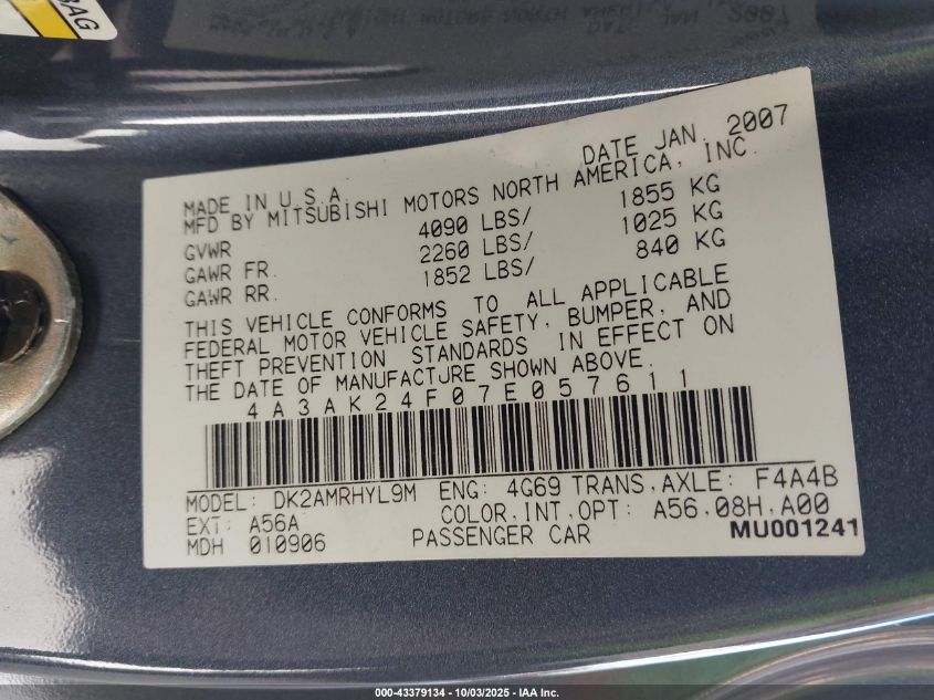 2007 Mitsubishi Eclipse Gs VIN: 4A3AK24F07E057611 Lot: 43379134