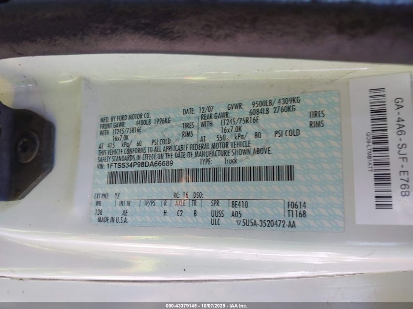 2008 Ford E-350 Super Duty Commercial VIN: 1FTSS34P98DA66689 Lot: 43379145