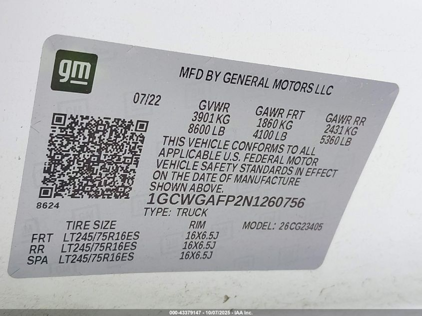 2022 Chevrolet Express Cargo Rwd 2500 Regular Wheelbase Wt VIN: 1GCWGAFP2N1260756 Lot: 43379147