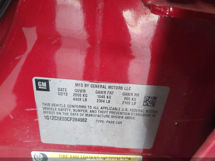 2012 Chevrolet Malibu 1Lt VIN: 1G1ZC5E03CF284982 Lot: 43379149