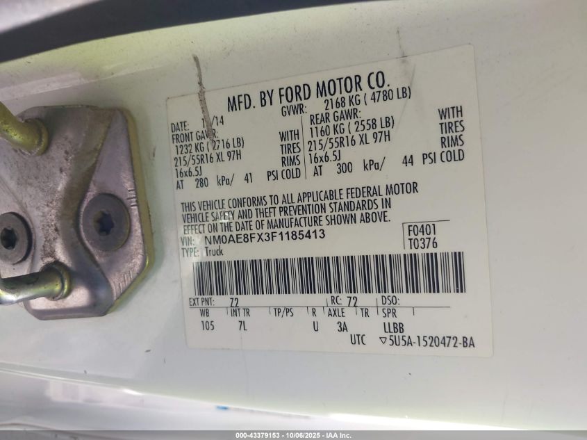 2015 Ford Transit Connect Xlt VIN: NM0AE8FX3F1185413 Lot: 43379153