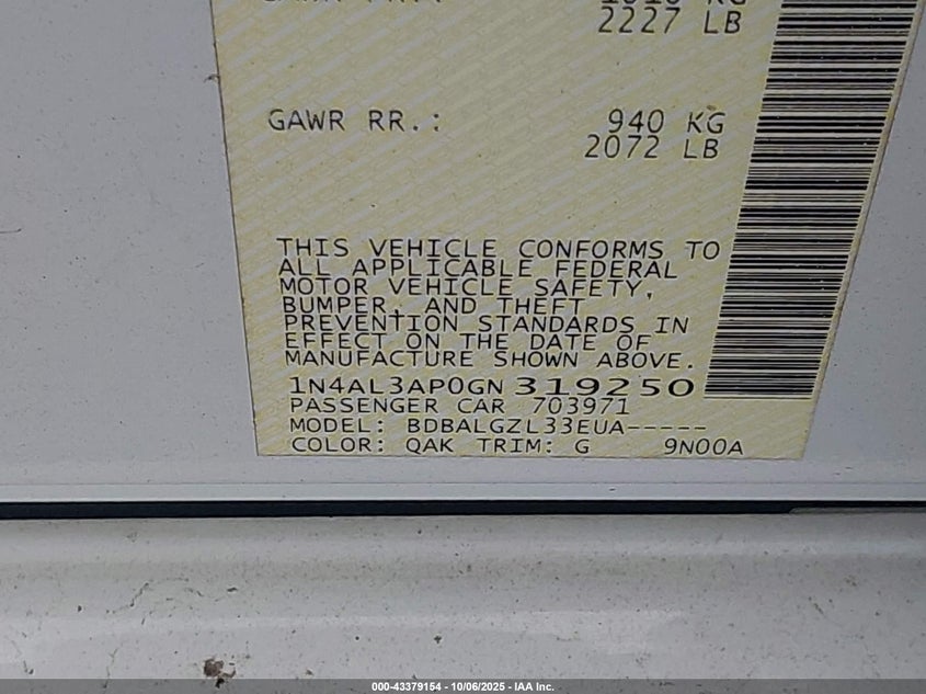 2016 Nissan Altima 2.5/2.5 S/2.5 Sl/2.5 Sr/2.5 Sv VIN: 1N4AL3AP0GN319250 Lot: 43379154